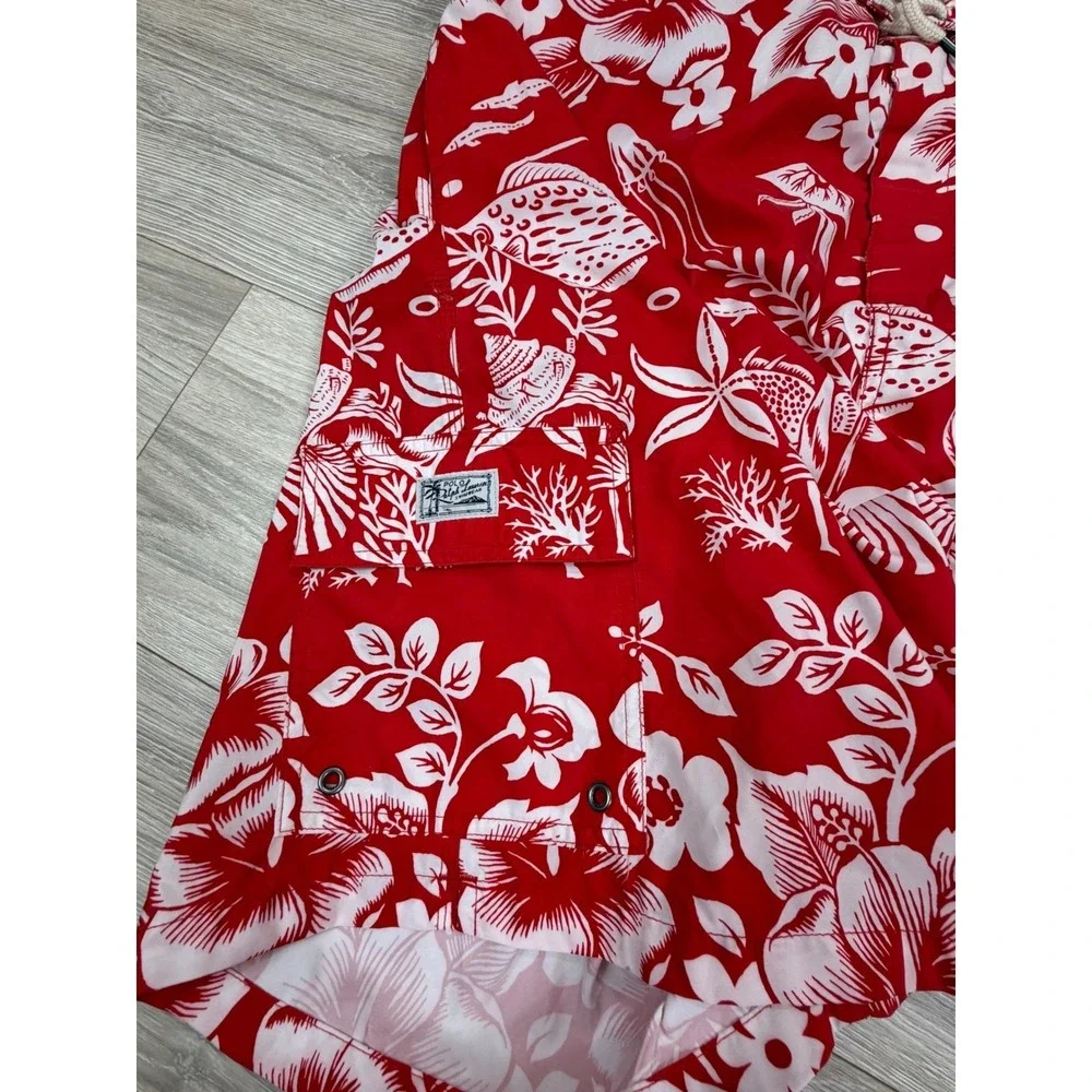 Polo Ralph Lauren Mens Swim Trunks Red White Tropical Fish Floral 2XB XXL B/T